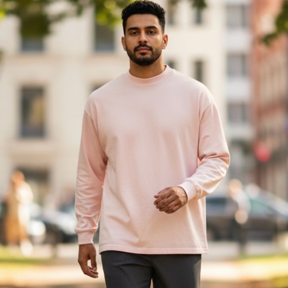 Vintage Hanes Beefy-T Long Sleeve Blank T-Shirt Pale Pink Cotton Size M